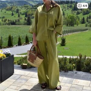 Zara Women's Light Green Linen Blend Wide Leg Pants